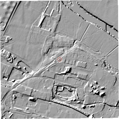 Shaded relief map of the ground around HR26LD, computed from Environment Agency LiDAR. The ground here sits at about 50 m above sea level and falls 12 m across the surrounding 800 m. Surface water reaching this point runs off ground lying to the south, 0.9 m higher.