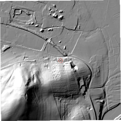 Shaded relief map of the ground around HR26LE, computed from Environment Agency LiDAR. The ground here sits at about 56 m above sea level and falls 94 m across the surrounding 800 m. Surface water reaching this point runs off ground lying to the south, 34.1 m higher.