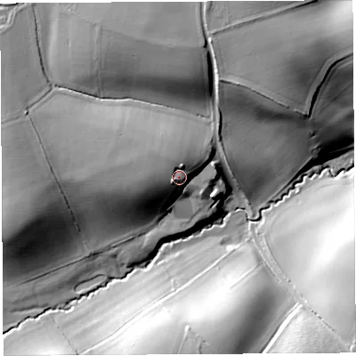 Shaded relief map of the ground around HR26LH, computed from Environment Agency LiDAR. The ground here sits at about 69 m above sea level and falls 27 m across the surrounding 800 m. Surface water reaching this point runs off ground lying to the west-north-west, 11.6 m higher.