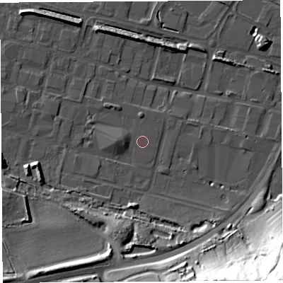 Shaded relief map of the ground around HR26LR, computed from Environment Agency LiDAR. The ground here sits at about 51 m above sea level and falls 54 m across the surrounding 800 m. Surface water reaching this point runs off ground lying to the west, 2.9 m higher.