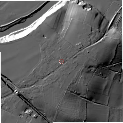 Shaded relief map of the ground around HR26LS, computed from Environment Agency LiDAR. The ground here sits at about 70 m above sea level and falls 29 m across the surrounding 800 m. Surface water reaching this point runs off ground lying to the north, 1.1 m higher.