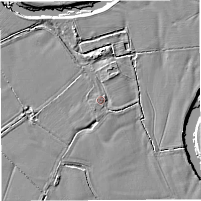 Shaded relief map of the ground around HR26LX, computed from Environment Agency LiDAR. The ground here sits at about 44 m above sea level and falls 6 m across the surrounding 800 m. Surface water reaching this point runs off ground lying to the south-south-west, 1.3 m higher.