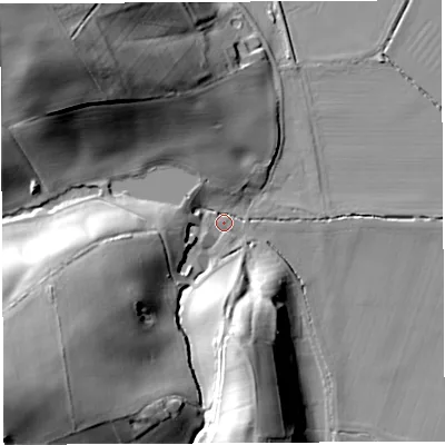 Shaded relief map of the ground around HR26LY, computed from Environment Agency LiDAR. The ground here sits at about 47 m above sea level and falls 47 m across the surrounding 800 m. Surface water reaching this point runs off ground lying to the north-west, 43.7 m higher.