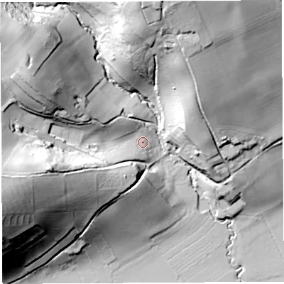 Shaded relief map of the ground around HR26NG, computed from Environment Agency LiDAR. The ground here sits at about 48 m above sea level and falls 56 m across the surrounding 800 m. Surface water reaching this point runs off ground lying to the west-south-west, 44.5 m higher.