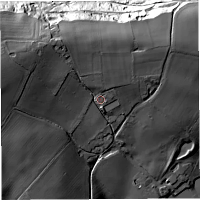 Shaded relief map of the ground around HR26NH, computed from Environment Agency LiDAR. The ground here sits at about 102 m above sea level and falls 54 m across the surrounding 800 m. Surface water reaching this point runs off ground lying to the north-west, 15.6 m higher.