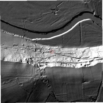 Shaded relief map of the ground around HR26NN, computed from Environment Agency LiDAR. The ground here sits at about 57 m above sea level and falls 82 m across the surrounding 800 m. Surface water reaching this point runs off ground lying to the south, 64.8 m higher.