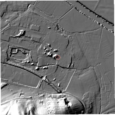 Shaded relief map of the ground around HR26NS, computed from Environment Agency LiDAR. The ground here sits at about 50 m above sea level and falls 57 m across the surrounding 800 m. Surface water reaching this point runs off ground lying to the west-north-west, 5.0 m higher.