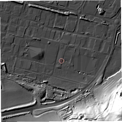 Shaded relief map of the ground around HR26NT, computed from Environment Agency LiDAR. The ground here sits at about 51 m above sea level and falls 76 m across the surrounding 800 m. Surface water reaching this point runs off ground lying to the south-south-west, 11.2 m higher.
