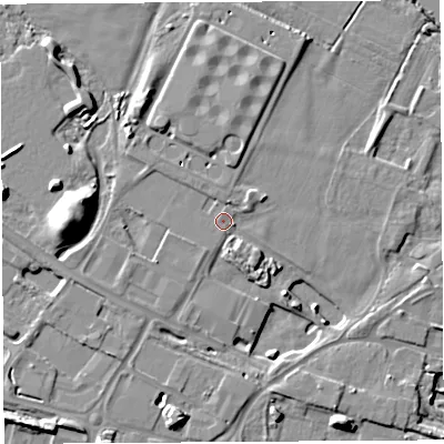 Shaded relief map of the ground around HR26NY, computed from Environment Agency LiDAR. The ground here sits at about 50 m above sea level and falls 14 m across the surrounding 800 m. Surface water reaching this point runs off ground lying to the south-south-west, 0.6 m higher.