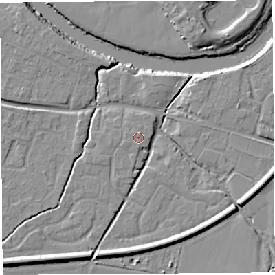 Shaded relief map of the ground around HR26PX, computed from Environment Agency LiDAR. The ground here sits at about 52 m above sea level and falls 13 m across the surrounding 800 m. Surface water reaching this point runs off ground lying to the west-south-west, 1.1 m higher.