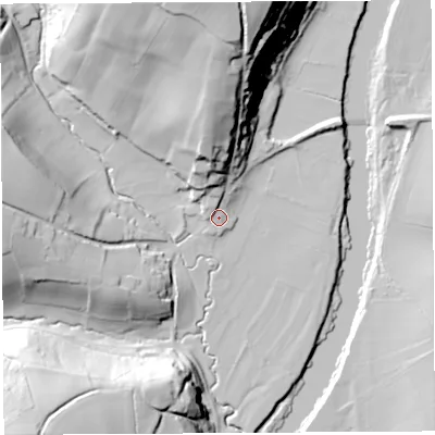 Shaded relief map of the ground around HR26QH, computed from Environment Agency LiDAR. The ground here sits at about 41 m above sea level and falls 51 m across the surrounding 800 m. Surface water reaching this point runs off ground lying to the north-north-west, 5.3 m higher.