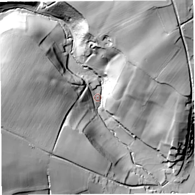 Shaded relief map of the ground around HR26QJ, computed from Environment Agency LiDAR. The ground here sits at about 44 m above sea level and falls 68 m across the surrounding 800 m. Surface water reaching this point runs off ground lying to the north-north-east, 64.7 m higher.