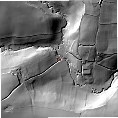 Shaded relief map of the ground around HR26QN, computed from Environment Agency LiDAR. The ground here sits at about 60 m above sea level and falls 71 m across the surrounding 800 m. Surface water reaching this point runs off ground lying to the south-west, 46.6 m higher.