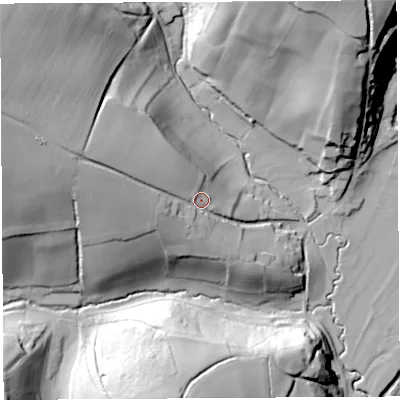 Shaded relief map of the ground around HR26QP, computed from Environment Agency LiDAR. The ground here sits at about 58 m above sea level and falls 51 m across the surrounding 800 m. Surface water reaching this point runs off ground lying to the west-north-west, 23.8 m higher.