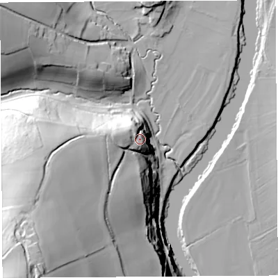 Shaded relief map of the ground around HR26QR, computed from Environment Agency LiDAR. The ground here sits at about 58 m above sea level and falls 60 m across the surrounding 800 m. Surface water reaching this point runs off ground lying to the west, 12.9 m higher.