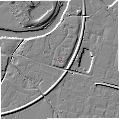 Shaded relief map of the ground around HR26RB, computed from Environment Agency LiDAR. The ground here sits at about 52 m above sea level and falls 11 m across the surrounding 800 m. Surface water reaching this point runs off ground lying to the south-south-east, 1.2 m higher.