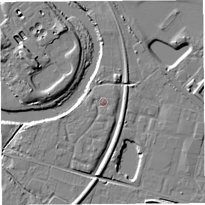 Shaded relief map of the ground around HR26RG, computed from Environment Agency LiDAR. The ground here sits at about 52 m above sea level and falls 12 m across the surrounding 800 m. Surface water reaching this point runs off ground lying to the west-north-west, 1.2 m higher.