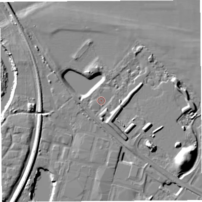 Shaded relief map of the ground around HR26SR, computed from Environment Agency LiDAR. The ground here sits at about 50 m above sea level and falls 13 m across the surrounding 800 m. Surface water reaching this point runs off ground lying to the south-east, 3.4 m higher.