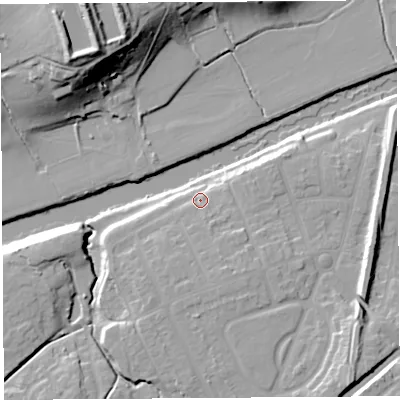 Shaded relief map of the ground around HR27AU, computed from Environment Agency LiDAR. The ground here sits at about 55 m above sea level and falls 31 m across the surrounding 800 m. Surface water reaching this point runs off ground lying to the south-south-east, 4.9 m higher.
