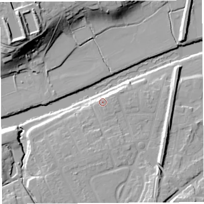 Shaded relief map of the ground around HR27AY, computed from Environment Agency LiDAR. The ground here sits at about 55 m above sea level and falls 31 m across the surrounding 800 m. Surface water reaching this point runs off ground lying to the south-east, 3.6 m higher.