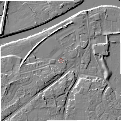 Shaded relief map of the ground around HR27JD, computed from Environment Agency LiDAR. The ground here sits at about 52 m above sea level and falls 11 m across the surrounding 800 m. Surface water reaching this point runs off ground lying to the west, 1.0 m higher.