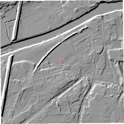 Shaded relief map of the ground around HR27JE, computed from Environment Agency LiDAR. The ground here sits at about 52 m above sea level and falls 14 m across the surrounding 800 m. The ground contributing surface water to this point lies to the south.