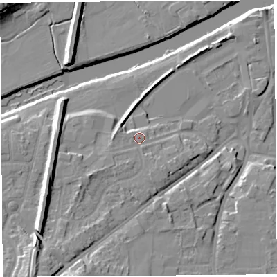 Shaded relief map of the ground around HR27JF, computed from Environment Agency LiDAR. The ground here sits at about 54 m above sea level and falls 16 m across the surrounding 800 m. Surface water reaching this point runs off ground lying to the south-south-west, 1.7 m higher.