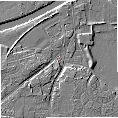 Shaded relief map of the ground around HR27JL, computed from Environment Agency LiDAR. The ground here sits at about 51 m above sea level and falls 13 m across the surrounding 800 m. Surface water reaching this point runs off ground lying to the south-west, 10.0 m higher.