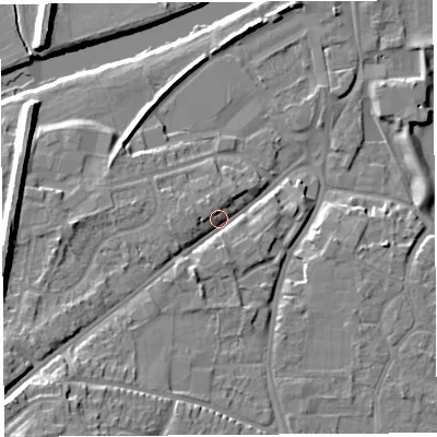 Shaded relief map of the ground around HR27JW, computed from Environment Agency LiDAR. The ground here sits at about 54 m above sea level and falls 18 m across the surrounding 800 m. Surface water reaching this point runs off ground lying to the south-west, 11.9 m higher.