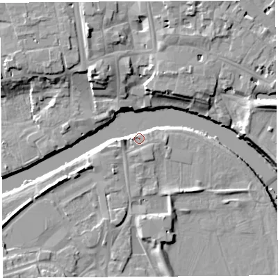 Shaded relief map of the ground around HR27RA, computed from Environment Agency LiDAR. The ground here sits at about 51 m above sea level and falls 14 m across the surrounding 800 m. Surface water reaching this point runs off ground lying to the west, 5.1 m higher.