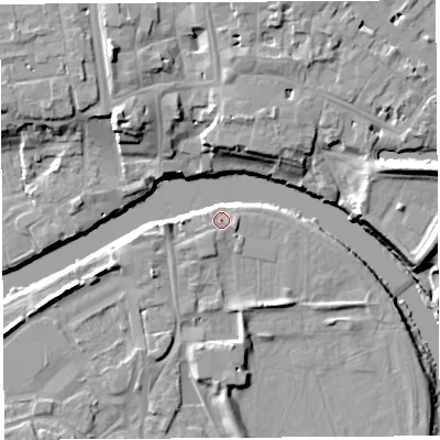 Shaded relief map of the ground around HR27RB, computed from Environment Agency LiDAR. The ground here sits at about 51 m above sea level and falls 15 m across the surrounding 800 m. Surface water reaching this point runs off ground lying to the south-south-west, 1.5 m higher.