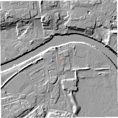 Shaded relief map of the ground around HR27RD, computed from Environment Agency LiDAR. The ground here sits at about 51 m above sea level and falls 14 m across the surrounding 800 m. Surface water reaching this point runs off ground lying to the north-north-west, 1.7 m higher.