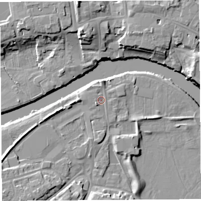 Shaded relief map of the ground around HR27RE, computed from Environment Agency LiDAR. The ground here sits at about 51 m above sea level and falls 13 m across the surrounding 800 m. Surface water reaching this point runs off ground lying to the north, 1.7 m higher.
