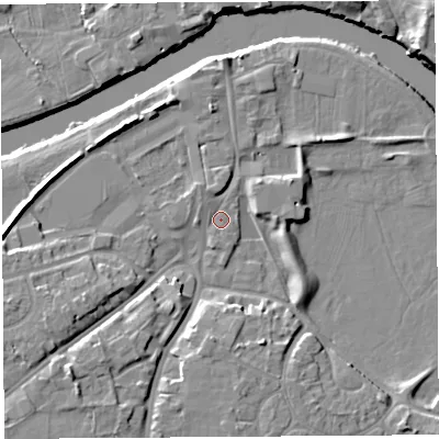 Shaded relief map of the ground around HR27RG, computed from Environment Agency LiDAR. The ground here sits at about 51 m above sea level and falls 10 m across the surrounding 800 m. Surface water reaching this point runs off ground lying to the south-west, 7.6 m higher.