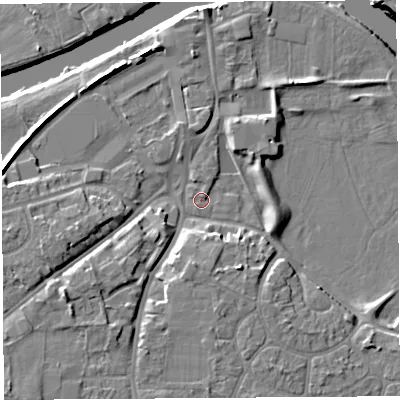Shaded relief map of the ground around HR27RH, computed from Environment Agency LiDAR. The ground here sits at about 51 m above sea level and falls 10 m across the surrounding 800 m. Surface water reaching this point runs off ground lying to the south-west, 7.7 m higher.