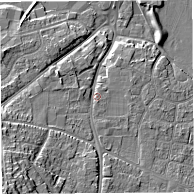 Shaded relief map of the ground around HR27RJ, computed from Environment Agency LiDAR. The ground here sits at about 54 m above sea level and falls 23 m across the surrounding 800 m. Surface water reaching this point runs off ground lying to the south-west, 18.9 m higher.