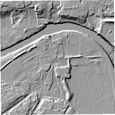 Shaded relief map of the ground around HR27RQ, computed from Environment Agency LiDAR. The ground here sits at about 51 m above sea level and falls 14 m across the surrounding 800 m. Surface water reaching this point runs off ground lying to the south-east, 3.0 m higher.