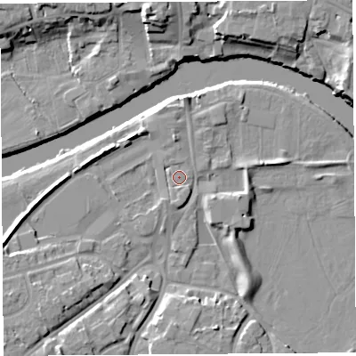 Shaded relief map of the ground around HR27SG, computed from Environment Agency LiDAR. The ground here sits at about 51 m above sea level and falls 12 m across the surrounding 800 m. Surface water reaching this point runs off ground lying to the south-south-east, 1.6 m higher.