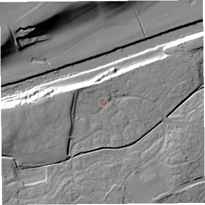 Shaded relief map of the ground around HR27SH, computed from Environment Agency LiDAR. The ground here sits at about 60 m above sea level and falls 25 m across the surrounding 800 m. Surface water reaching this point runs off ground lying to the west-south-west, 13.8 m higher.