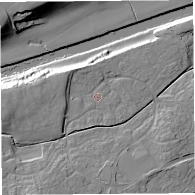 Shaded relief map of the ground around HR27SN, computed from Environment Agency LiDAR. The ground here sits at about 60 m above sea level and falls 26 m across the surrounding 800 m. Surface water reaching this point runs off ground lying to the south-south-west, 13.2 m higher.