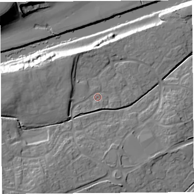 Shaded relief map of the ground around HR27SP, computed from Environment Agency LiDAR. The ground here sits at about 61 m above sea level and falls 28 m across the surrounding 800 m. Surface water reaching this point runs off ground lying to the south-west, 15.5 m higher.