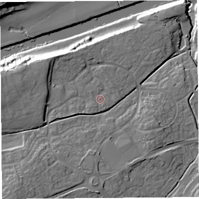 Shaded relief map of the ground around HR27SR, computed from Environment Agency LiDAR. The ground here sits at about 60 m above sea level and falls 27 m across the surrounding 800 m. Surface water reaching this point runs off ground lying to the south-west, 2.2 m higher.