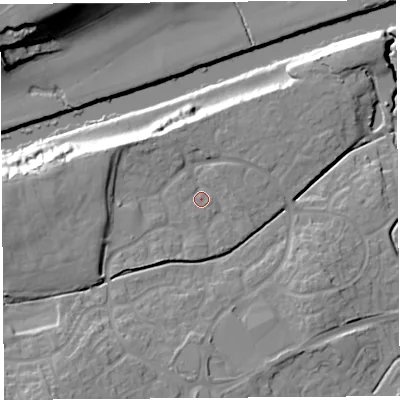 Shaded relief map of the ground around HR27ST, computed from Environment Agency LiDAR. The ground here sits at about 60 m above sea level and falls 26 m across the surrounding 800 m. Surface water reaching this point runs off ground lying to the south, 2.7 m higher.
