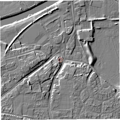 Shaded relief map of the ground around HR27TG, computed from Environment Agency LiDAR. The ground here sits at about 51 m above sea level and falls 13 m across the surrounding 800 m. Surface water reaching this point runs off ground lying to the south-west, 10.7 m higher.