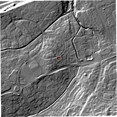 Shaded relief map of the ground around HR27XF, computed from Environment Agency LiDAR. The ground here sits at about 61 m above sea level and falls 28 m across the surrounding 800 m. Surface water reaching this point runs off ground lying to the west-north-west, 2.4 m higher.