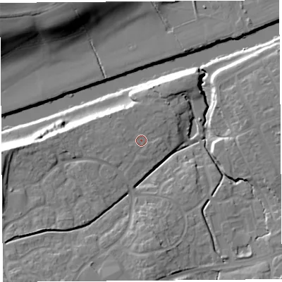 Shaded relief map of the ground around HR27XZ, computed from Environment Agency LiDAR. The ground here sits at about 58 m above sea level and falls 24 m across the surrounding 800 m. Surface water reaching this point runs off ground lying to the west, 2.6 m higher.