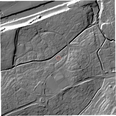 Shaded relief map of the ground around HR27YH, computed from Environment Agency LiDAR. The ground here sits at about 59 m above sea level and falls 26 m across the surrounding 800 m. Surface water reaching this point runs off ground lying to the south-south-west, 2.2 m higher.