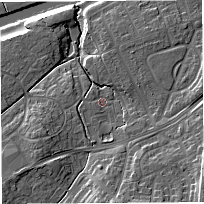 Shaded relief map of the ground around HR27YL, computed from Environment Agency LiDAR. The ground here sits at about 56 m above sea level and falls 20 m across the surrounding 800 m. Surface water reaching this point runs off ground lying to the west-south-west, 2.7 m higher.