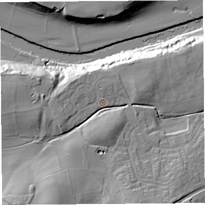 Shaded relief map of the ground around HR27ZW, computed from Environment Agency LiDAR. The ground here sits at about 69 m above sea level and falls 41 m across the surrounding 800 m. Surface water reaching this point runs off ground lying to the south-south-west, 21.7 m higher.