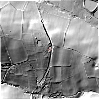 Shaded relief map of the ground around HR28EL, computed from Environment Agency LiDAR. The ground here sits at about 125 m above sea level and falls 58 m across the surrounding 800 m. Surface water reaching this point runs off ground lying to the north-west, 8.9 m higher.